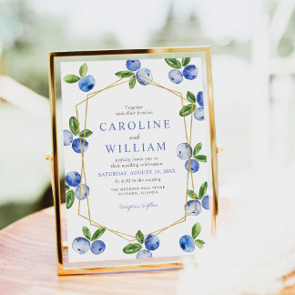 Convites Casamento de Mirtilos em Aquarela Azul Elegante