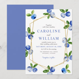 Convites Casamento de Mirtilos em Aquarela Azul Elegante