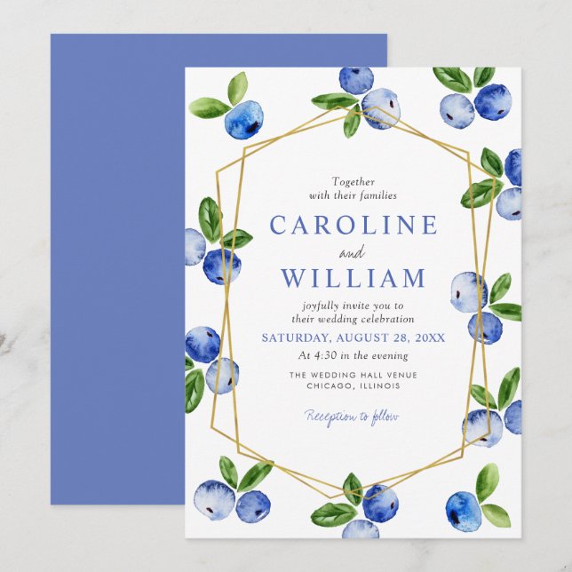 Convites Casamento de Mirtilos em Aquarela Azul Elegante (Frente/Verso)