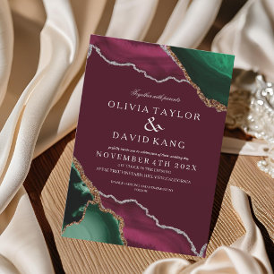 Convites Casamento de Modern Burgundy & Green Agate