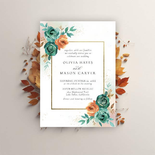 Convites Casamento de Mola Botânica Laranja Queimada (fall wedding invitation teal burnt orange terracotta watercolor floral botanical earthy nature gold )