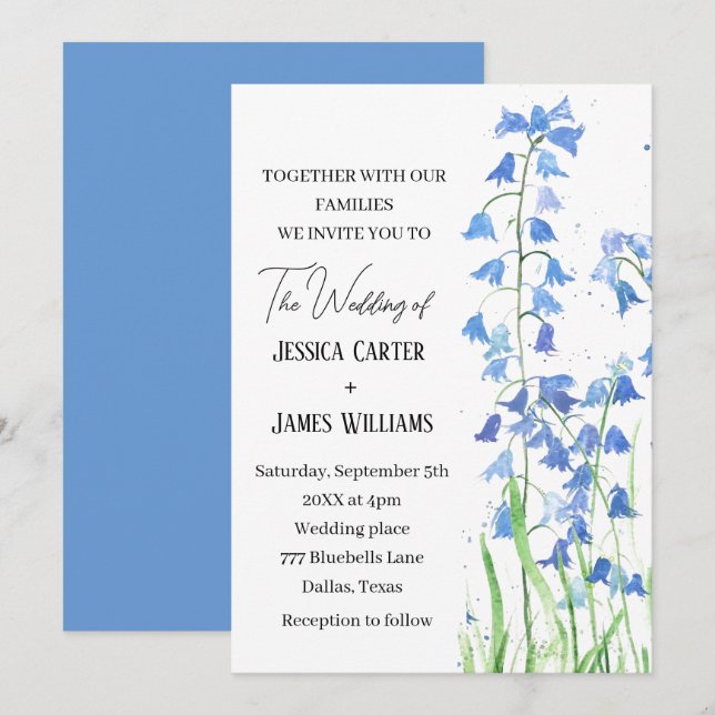 Convites Casamento de Mola Floral Azul com Mola Azul (Frente/Verso)