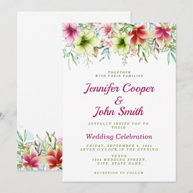 Convites Casamento de Mola Floral de Amaryllis (Frente/Verso)