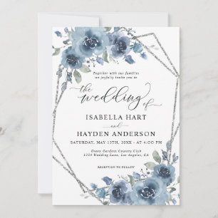 Convites Casamento de Mola Floral de Prata Floral Azul Mode