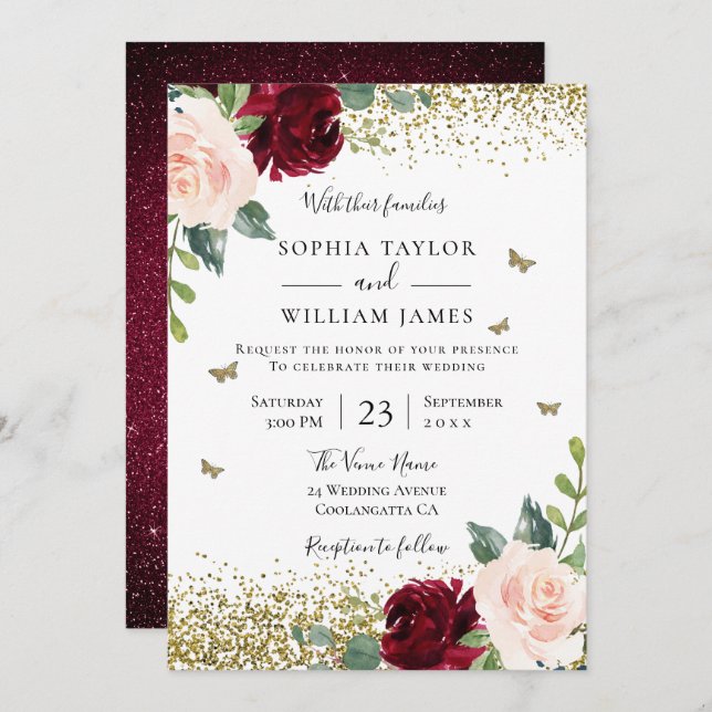 Convites Casamento de Mola Floral Vermelha Magical Blush &  (Frente/Verso)