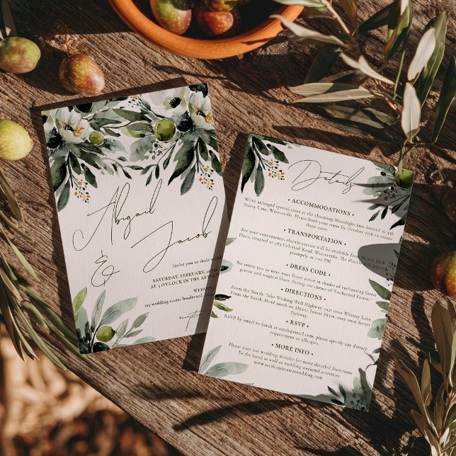 Convites Casamento De Molas De Azeitona De Greenerescência, (Greenery Olive Watercolor Wedding All In One Invitation)