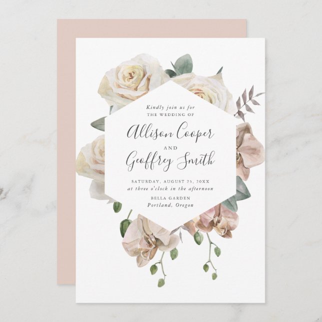 Convites Casamento de Molas Florais e Rosas de Aquarelas (Frente/Verso)