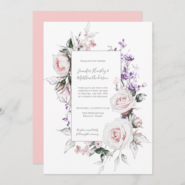 Convites Casamento de Moldes de Rosas Rosa-Rosa Roxo (Frente/Verso)