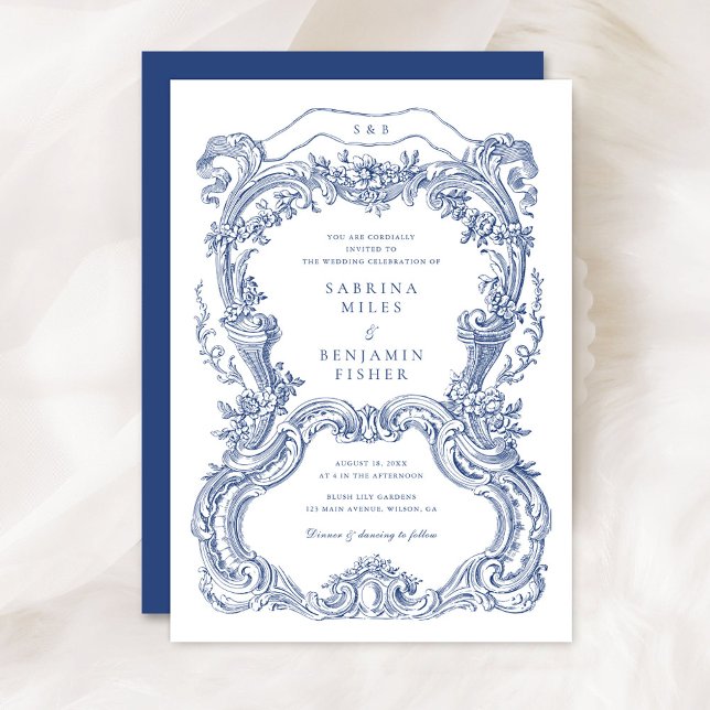 Convites Casamento de Moldura Azul Floral Azul Elegante (Criador carregado)