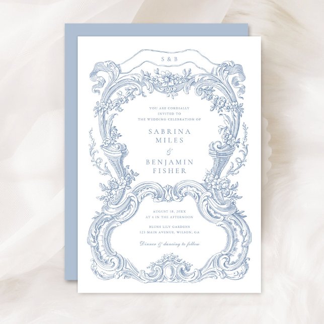 Convites Casamento de Moldura Azul Floral Azul Elegante (Criador carregado)