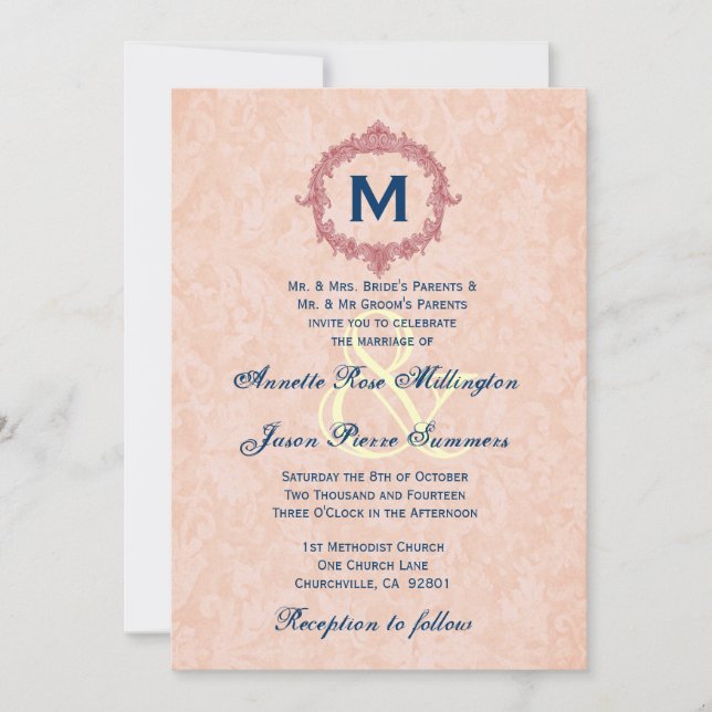 Convites Casamento de Moldura de Marinho e Coral (Frente)