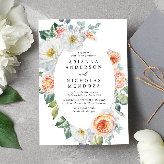 Convites Casamento de Moldura de Oval Floral Branco e Pêsse (Criador carregado)