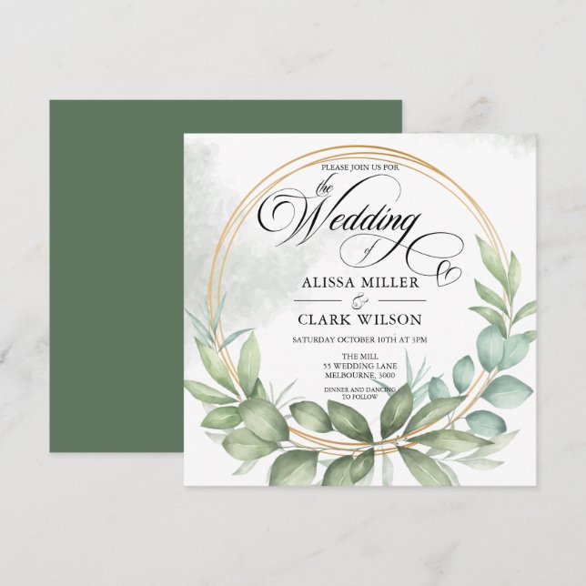 Convites Casamento de Moldura Dourada Eucalyptus Greenery (Frente/Verso)