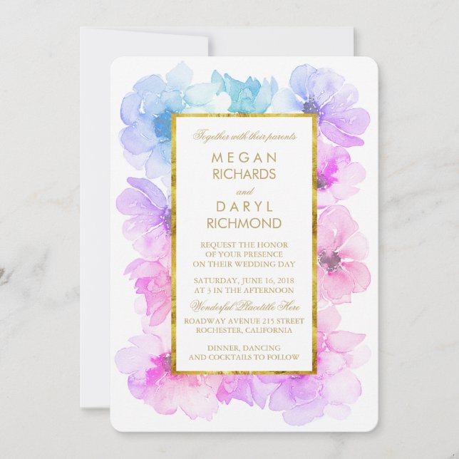 Convites Casamento de Moldura Dourada Floral Azul e Roxo (Frente)