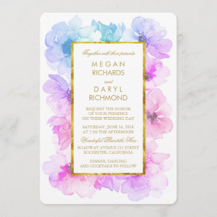 Convites Casamento de Moldura Dourada Floral Azul e Roxo