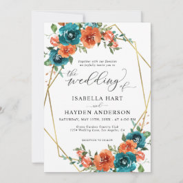 Convites Casamento de Moldura Dourada Floral Laranja-Queima
