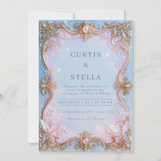 Convites Casamento de Moldura Filigrana Joia Fada Pastel (Frente)