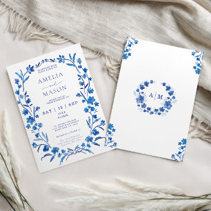 Convites Casamento de Moldura Floral Azul