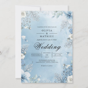 Convites Casamento de Moldura Floral Azul Gélido