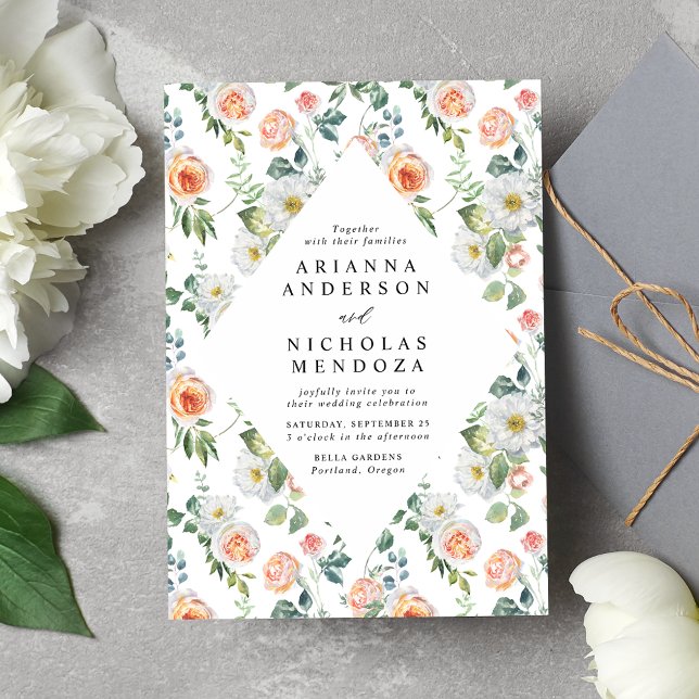 Convites Casamento de Moldura Floral Branca e Pêssego de Aq (Criador carregado)