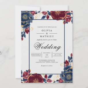 Convites Casamento de Moldura Floral Burgundy Profundo