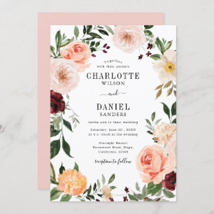 Convites Casamento de Moldura Floral Chic Blush & Burgundy