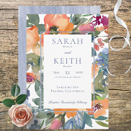 Convites Casamento de Moldura Floral de Peach & Blue Waterc