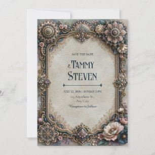 Convites Casamento de Moldura Floral Mandala em Azul Poeire