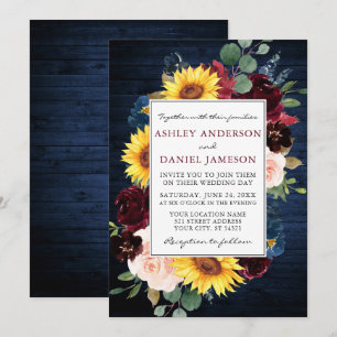Convites Casamento De Moldura Floral Mistura De Madeira Azu