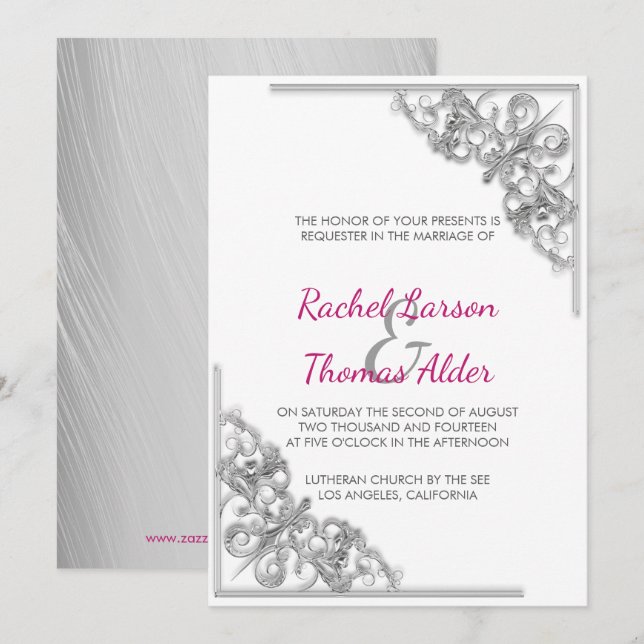 Convites Casamento de Moldura Floral Prata (Frente/Verso)