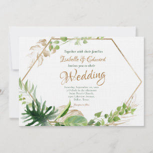 Convites Casamento de Moldura Geométrica e Monstera Verde T
