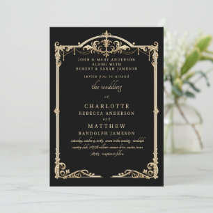 Convites Casamento de Moldura Preta Vintage de Ambos os Pai