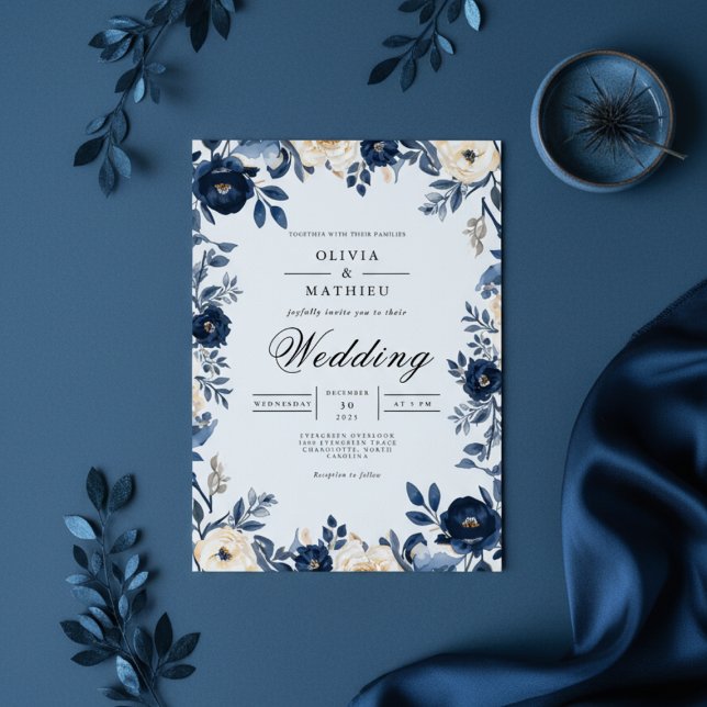 Convites Casamento de Molody Indigo Floral Frame (Criador carregado)