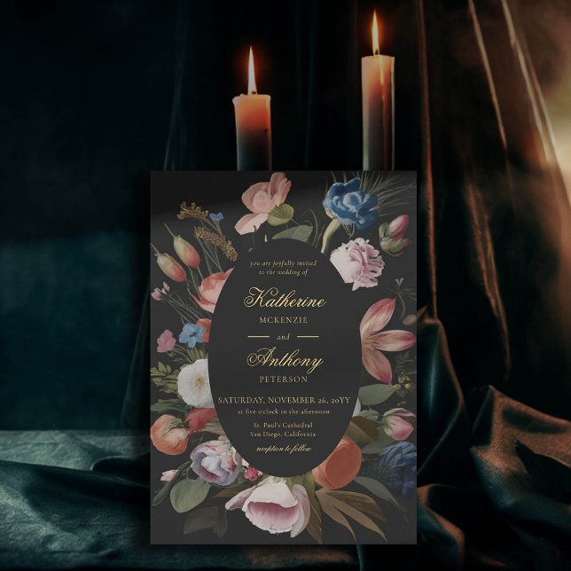Convites Casamento de Molusco Romântico Floral Sonoro Negra (moody romantic wedding invitation floral frame painting dutch masters elegant gothic dark black chic)