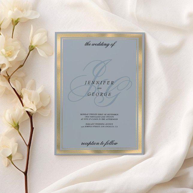 Convites Casamento de monograma azul-aquamarina (Aquamarine blue gold monogram initials wedding )