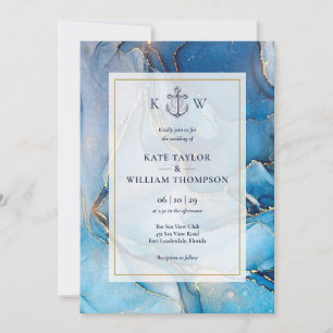 Convites Casamento De Monograma Azul E Agato Dourado