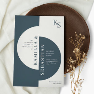 Convites Casamento de Monograma Azul-marfim Marinho Geométr