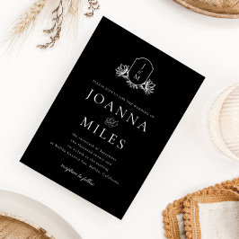Convites Casamento de Monograma Botânico Preto e Branco Ele