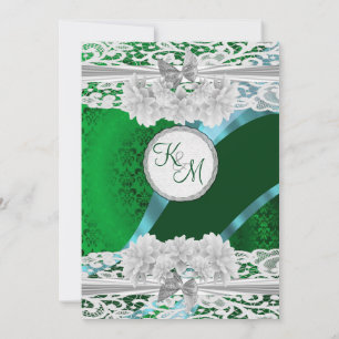 Convites Casamento de monograma branco de renda verde