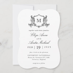 Convites Casamento de Monograma Branco e Preto Elegante