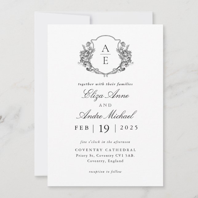 Convites Casamento de Monograma Branco e Preto Elegante (Frente)