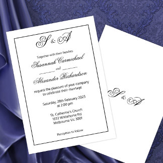 Convites Casamento de Monograma Branco e Preto Minimalista