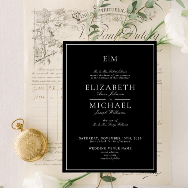 Convites Casamento de Monograma Clássico Branco Negro Elega (Easily personalize this elegant, formal monogram invitation for your event. Part of a larger suite)