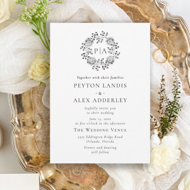 Convites Casamento de Monograma Clássico Branco Preto Invit (Criador carregado)