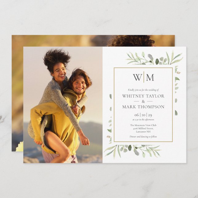 Convites Casamento de Monograma com Greenery Botânica (Frente/Verso)