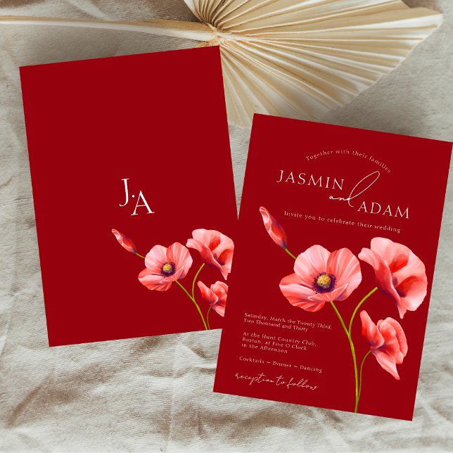 Convites Casamento de Monograma com Papoulas Vermelhas Eleg (Crimson Red Poppies Monogram Wedding Invitation)