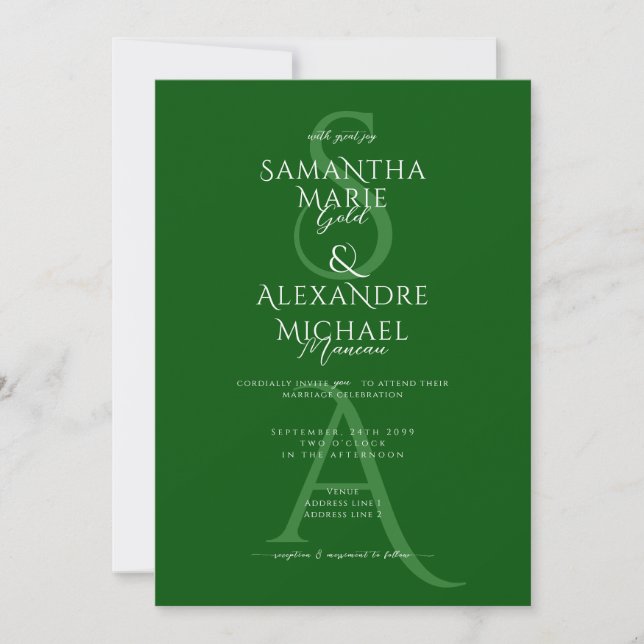 Convites Casamento de Monograma Contemporâneo de Script Ver (Frente)