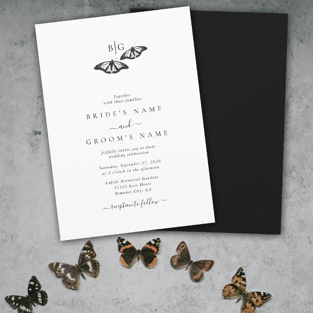 Convites Casamento de Monograma da Borboleta Branca Minimal (Minimalist Black White Butterfly Monogram Wedding Invitation)