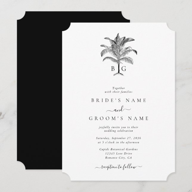Convites Casamento de Monograma de Árvore Tropical Minimali (Frente/Verso)