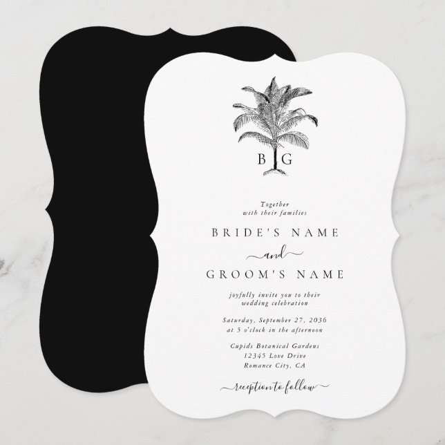Convites Casamento de Monograma de Árvore Tropical Minimali (Frente/Verso)